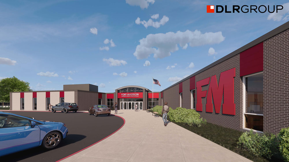 <b>This rendering provided by the architects at DLR Group shows the new front entrance of Fort Madison High School following completion of additions for grades seven and eight.</b> DLR Group image